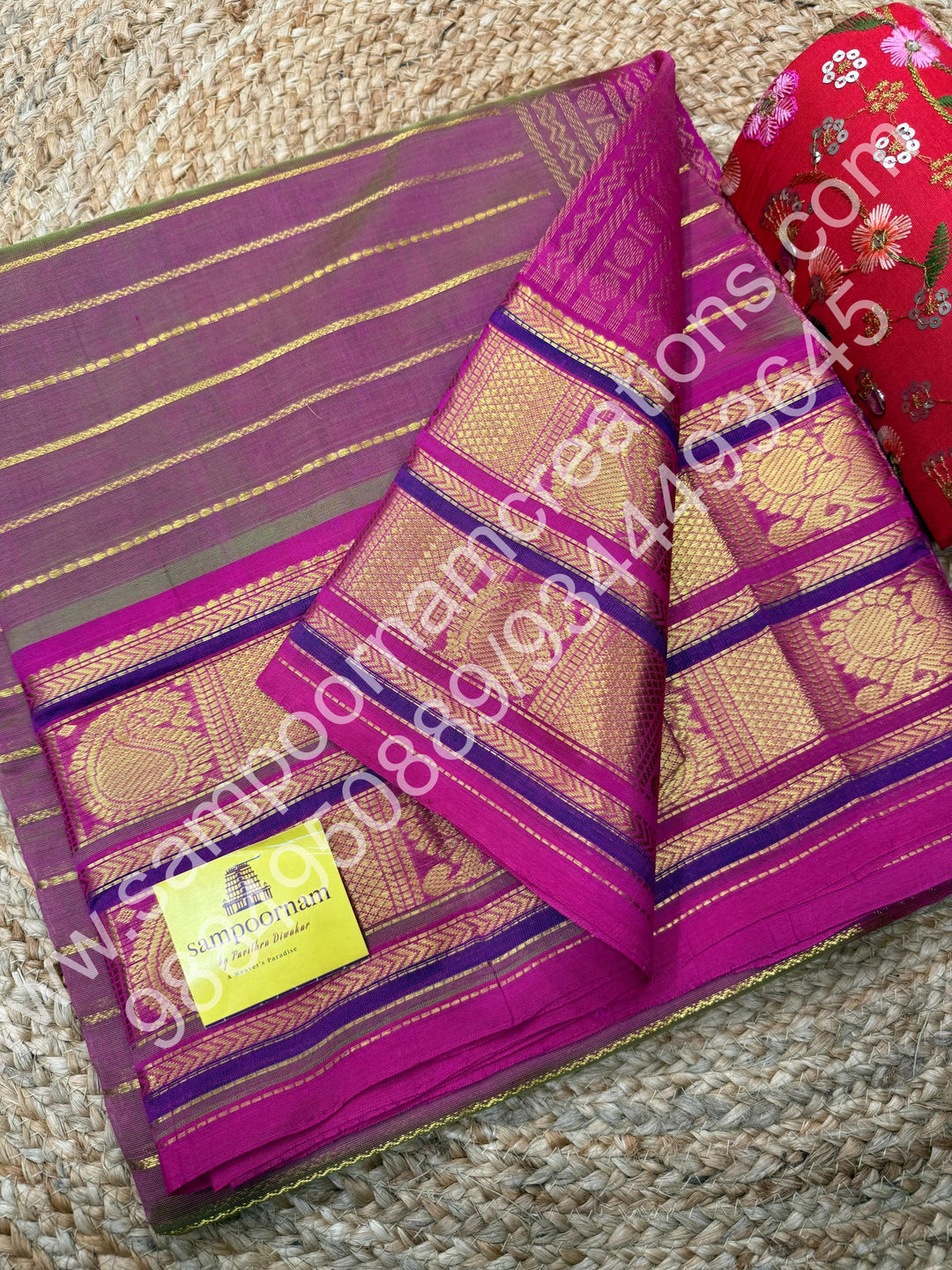 Double Shade Manthulir Green Pink with Pink Veldhari Zari Lines in the Body, Traditional Kanchi Border, Rich Pallu , Pure Silk Cotton Saree