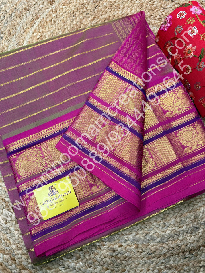 Double Shade Manthulir Green Pink with Pink Veldhari Zari Lines in the Body, Traditional Kanchi Border, Rich Pallu , Pure Silk Cotton Saree