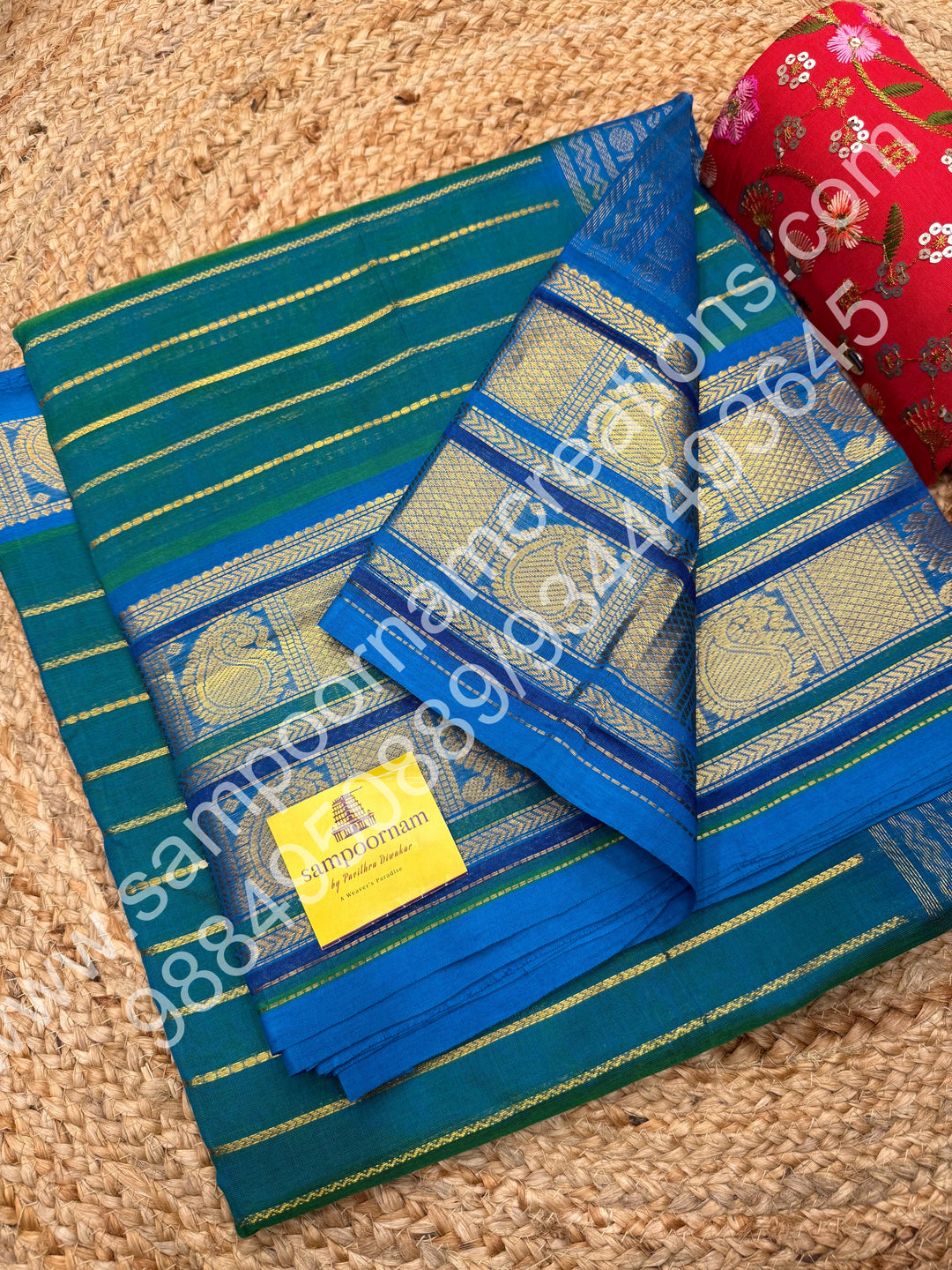 Teal Blue with Blue, Veldhari Zari Lines in the Body, Traditional Kanchi Border, Rich Pallu , Pure Silk Cotton Saree