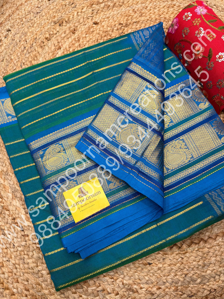 Teal Blue with Blue, Veldhari Zari Lines in the Body, Traditional Kanchi Border, Rich Pallu , Pure Silk Cotton Saree