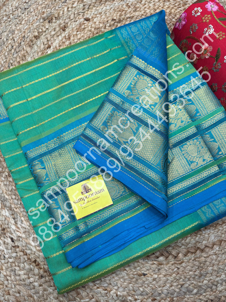 Rexona Green with Blue, Veldhari Zari Lines in the Body, Traditional Kanchi Border, Rich Pallu , Pure Silk Cotton Saree