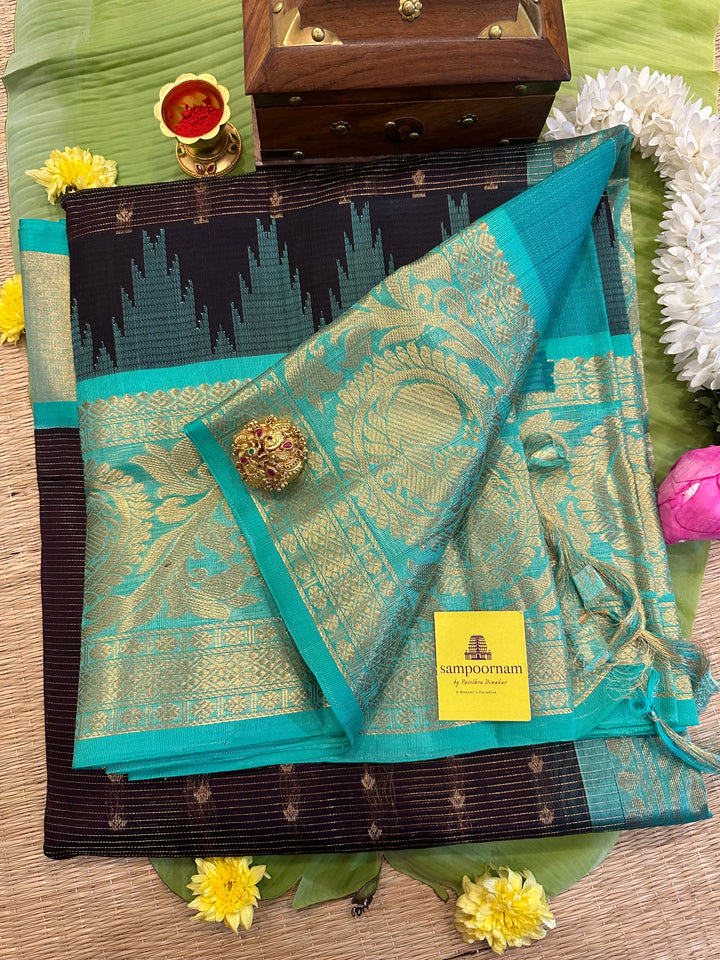 Dark Brown with Sea Green , body podi kattam with Zari Butta , Grand Pallu Korvai Silk Cotton Saree