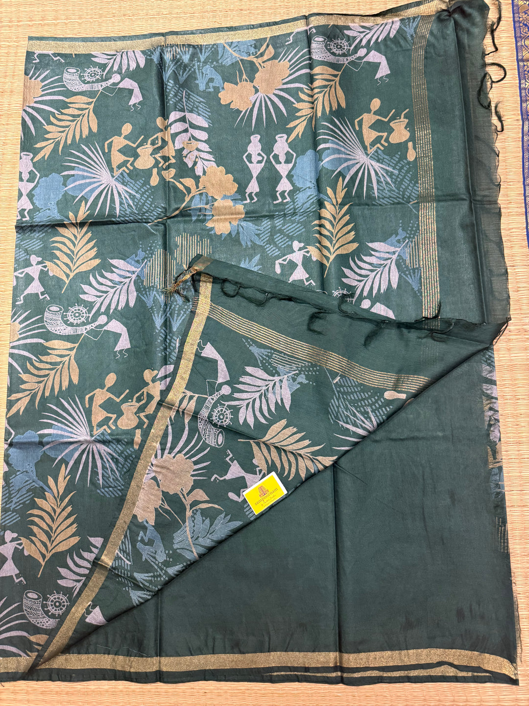 Green Warli Printed ,Semi Tussar Silk Saree