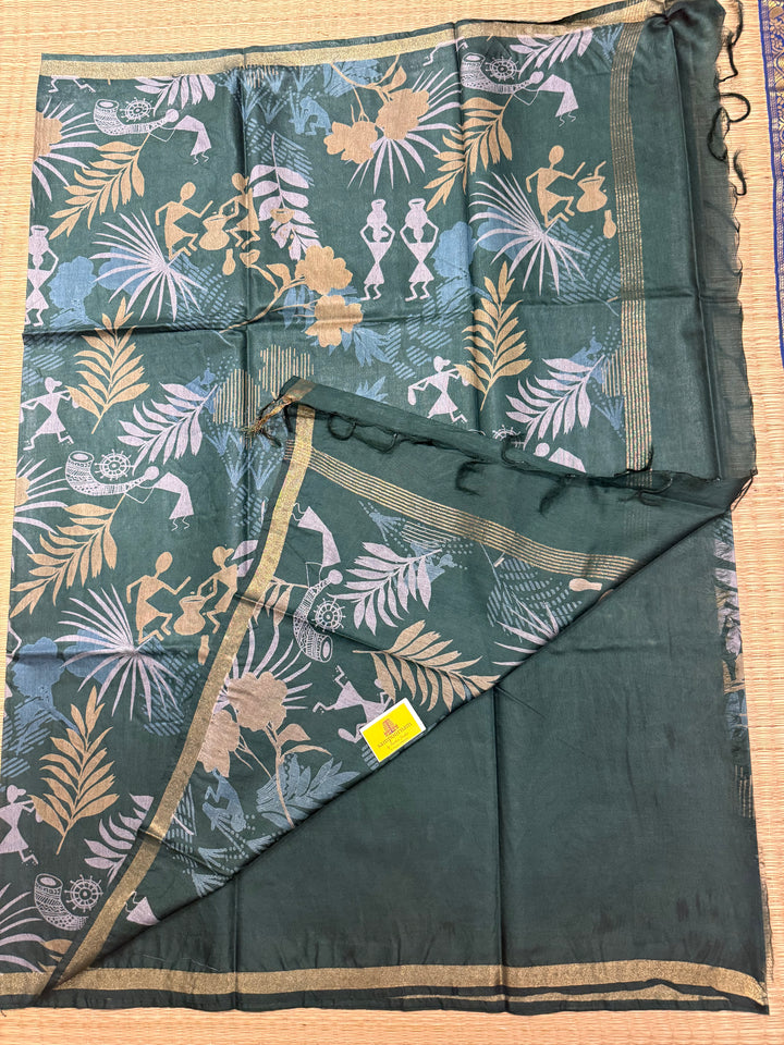 Green Warli Printed ,Semi Tussar Silk Saree