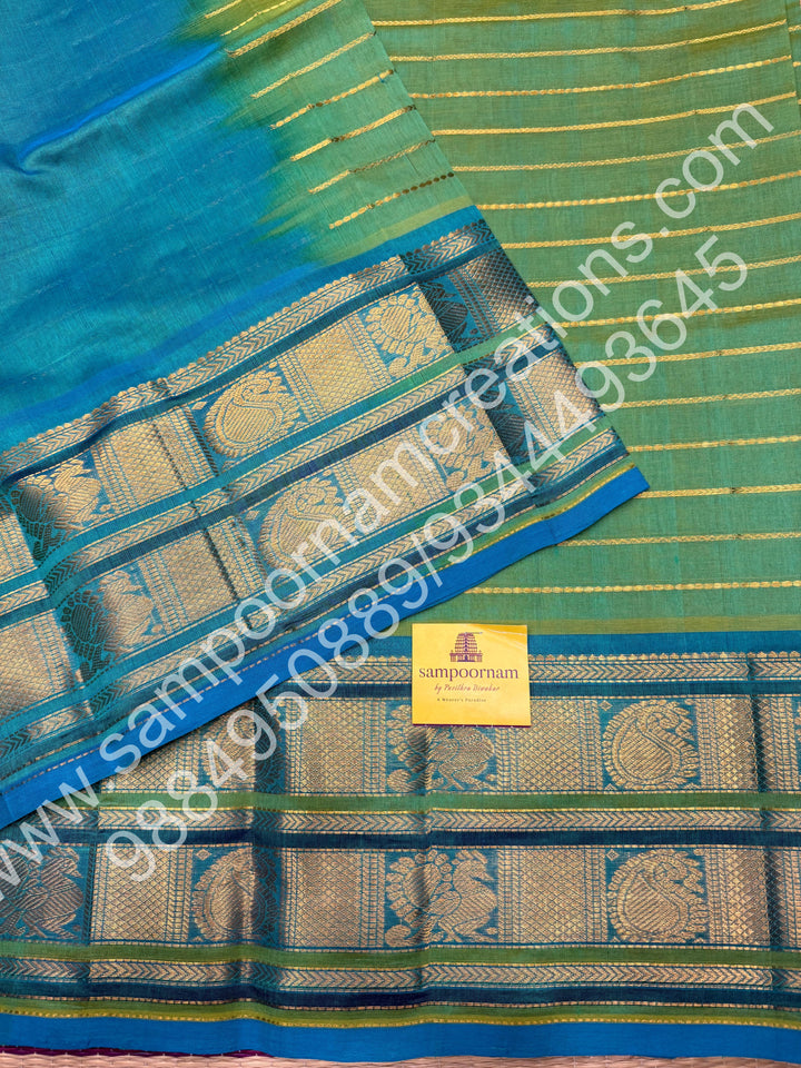 Rexona Green with Blue, Veldhari Zari Lines in the Body, Traditional Kanchi Border, Rich Pallu , Pure Silk Cotton Saree