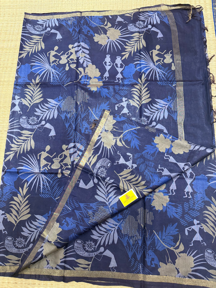 Blue Warli Printed ,Semi Tussar Saree
