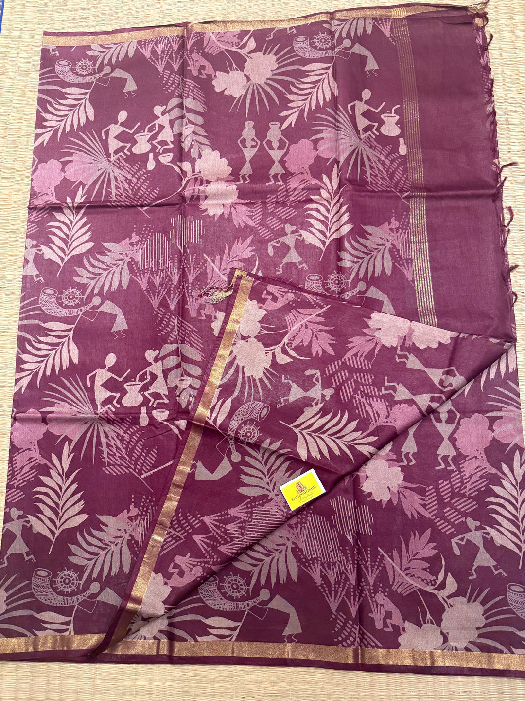 Purple Warli Printed ,Semi Tussar Silk Saree