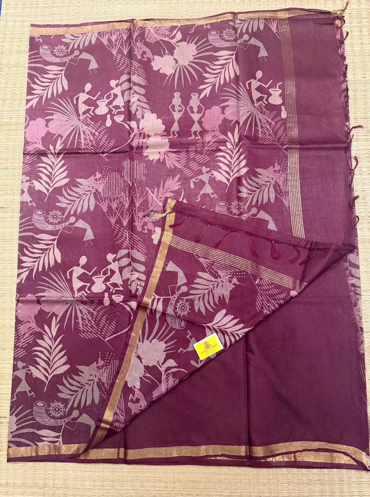 Purple Warli Printed ,Semi Tussar Silk Saree