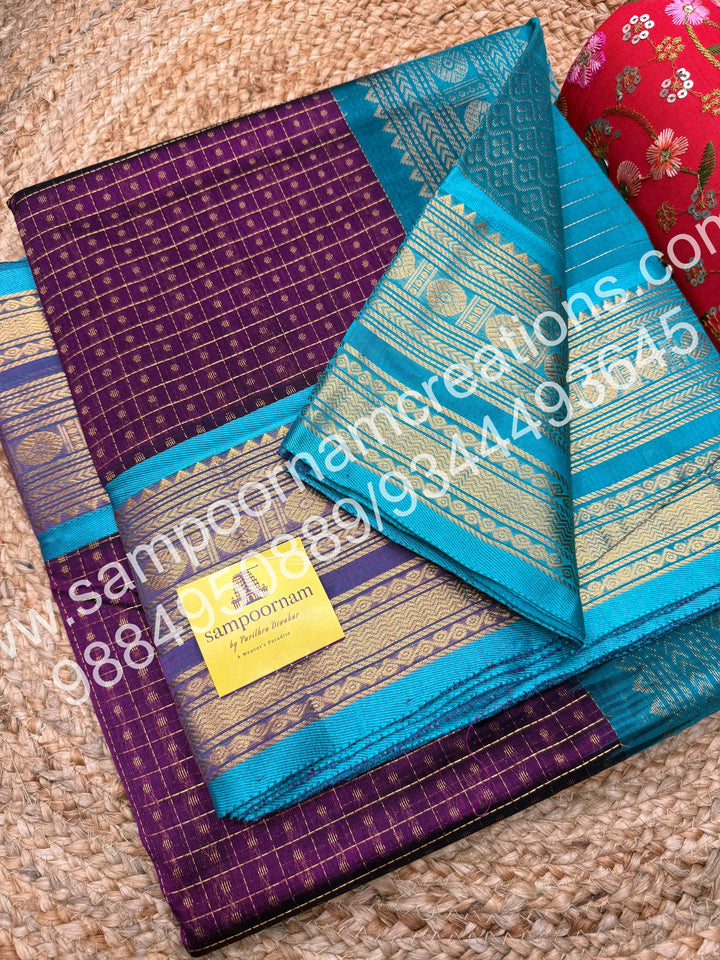 Wine with Turquoise Blue , Rich Traditional Borders and Lakshadeepam Zari Butta all over the body and Grand Pallu , Pure Silk Cotton Saree