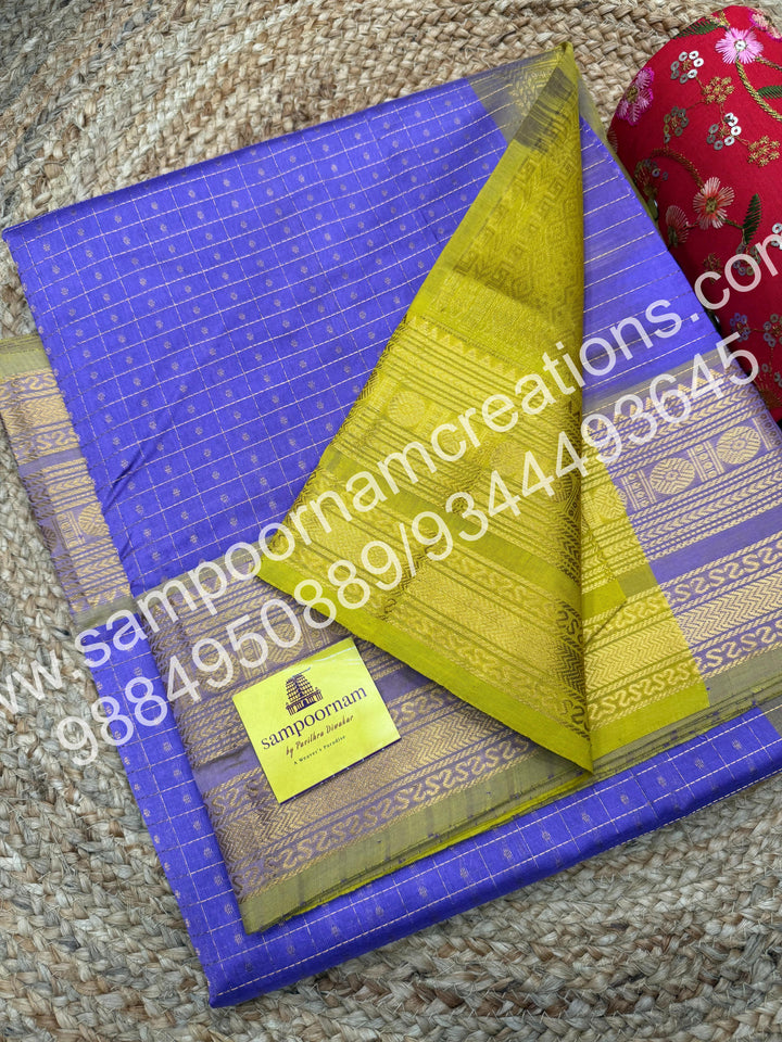 Lilac with Lemon Yellow , Rich Traditional Borders and Lakshadeepam Zari Butta all over the body and Grand Pallu , Pure Silk Cotton Saree