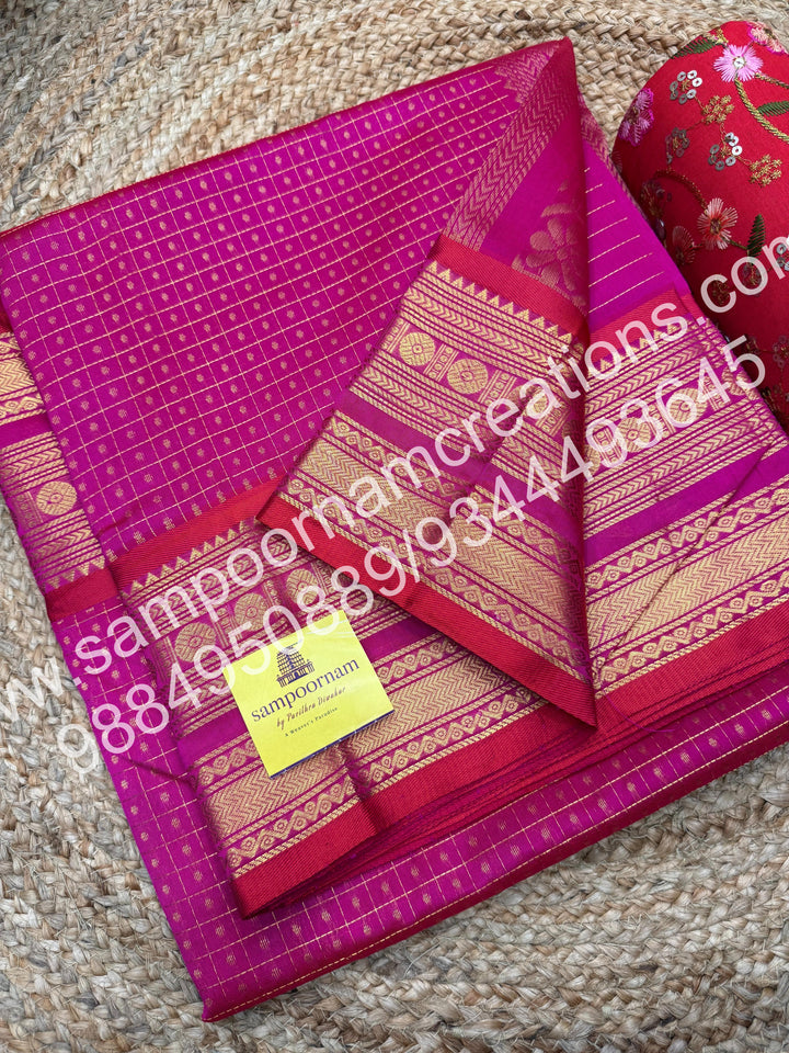 Rani Pink , Rich Traditional Borders and Lakshadeepam Zari Butta all over the body and Grand Pallu , Pure Silk Cotton Saree