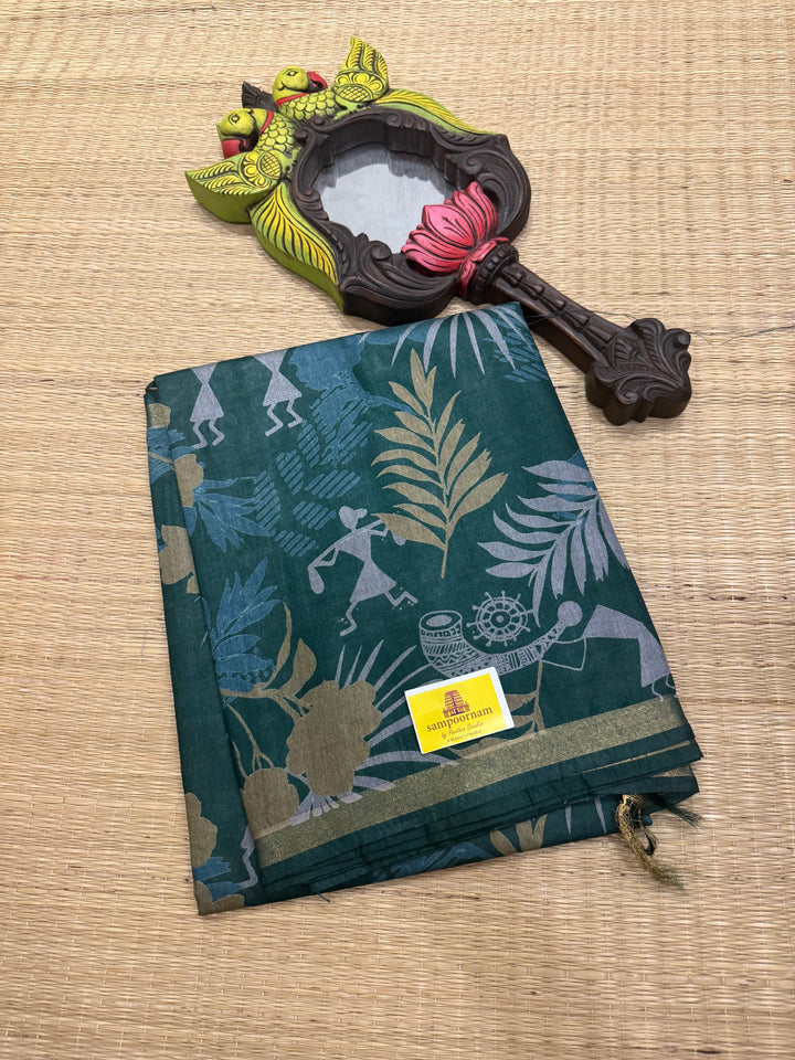 Green Warli Printed ,Semi Tussar Silk Saree