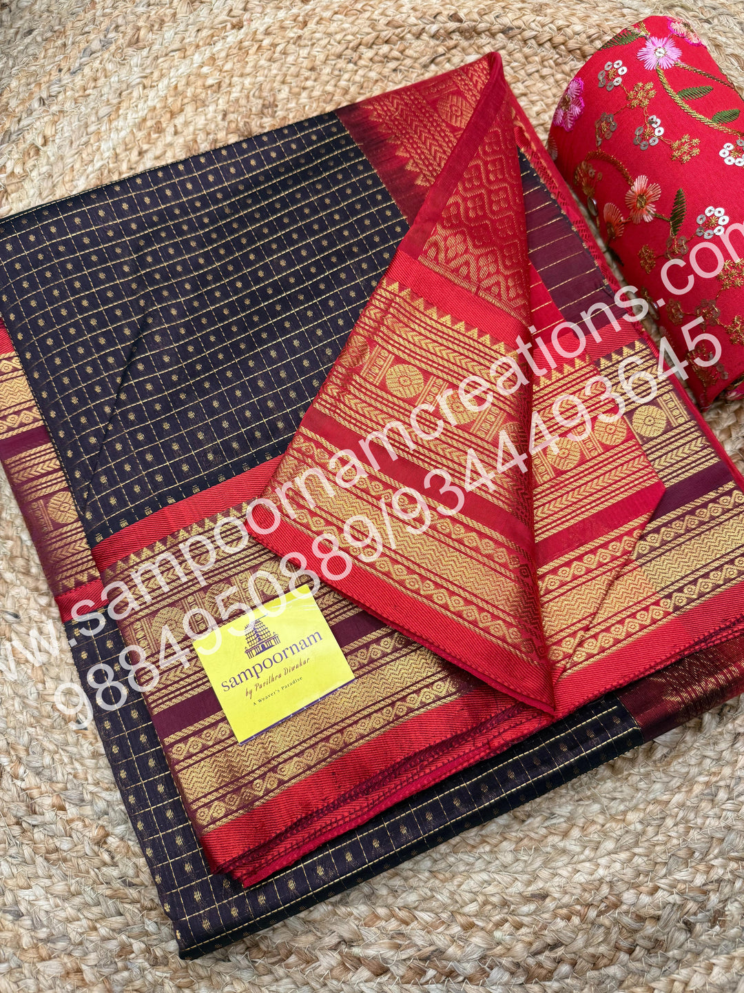 Brown with Red , Rich Traditional Borders and Lakshadeepam Zari Butta all over the body and Grand Pallu , Pure Silk Cotton Saree