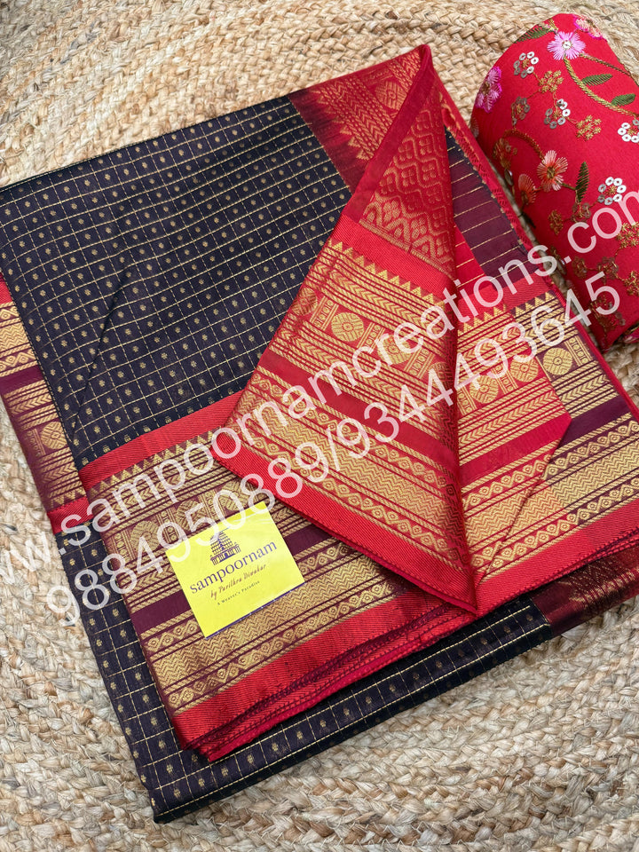 Brown with Red , Rich Traditional Borders and Lakshadeepam Zari Butta all over the body and Grand Pallu , Pure Silk Cotton Saree