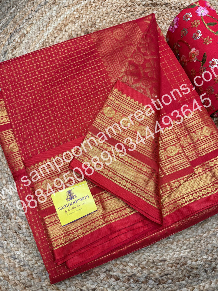 Rust Orange , Rich Traditional Borders and Lakshadeepam Zari Butta all over the body and Grand Pallu , Pure Silk Cotton Saree