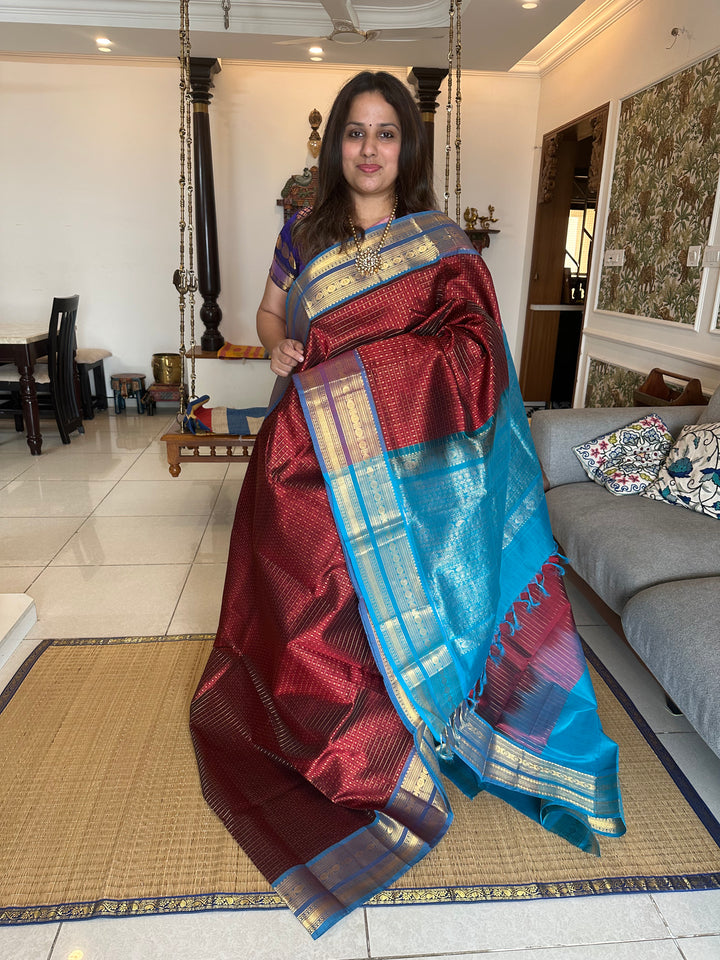 Dark Maroon with Blue Zari Lakshadeepam Silk Cotton Saree