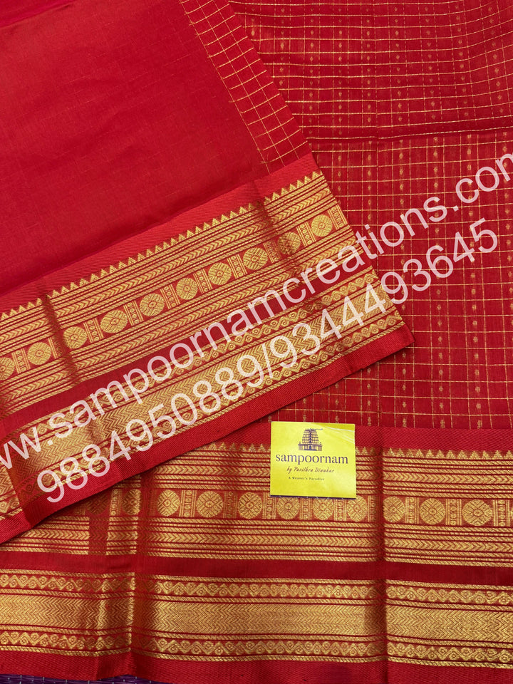 Red , Rich Traditional Borders and Lakshadeepam Zari Butta all over the body and Grand Pallu , Pure Silk Cotton Saree