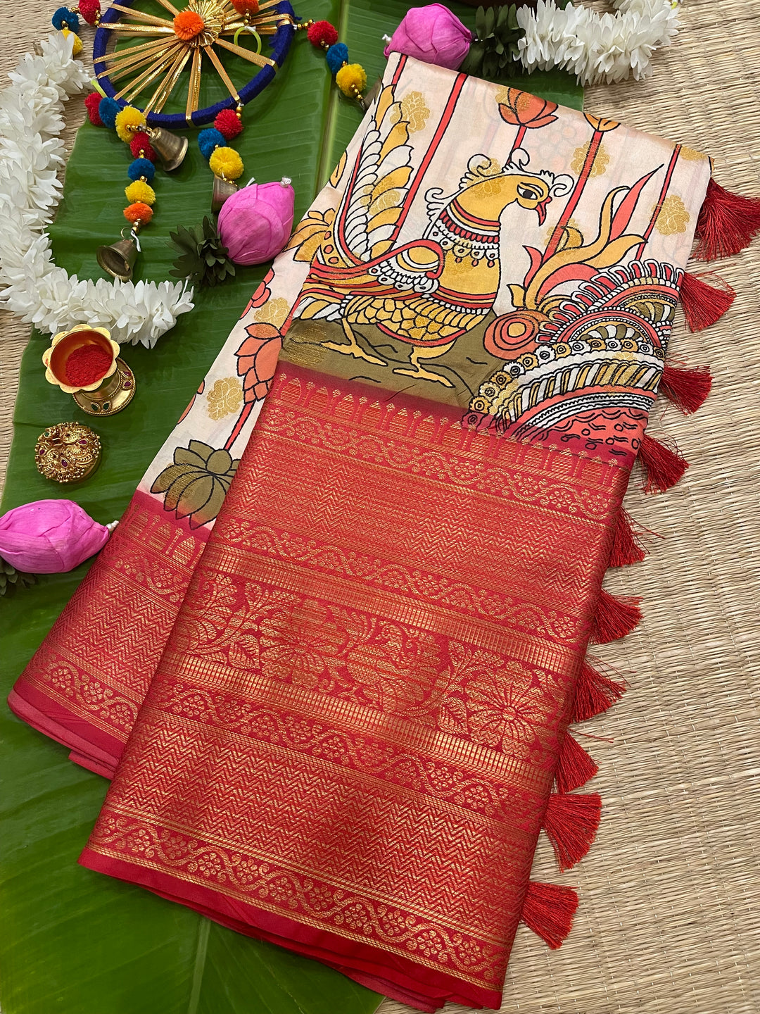 Semi Kanchivaram White and Red Annam and Lotus Printed Silk Saree