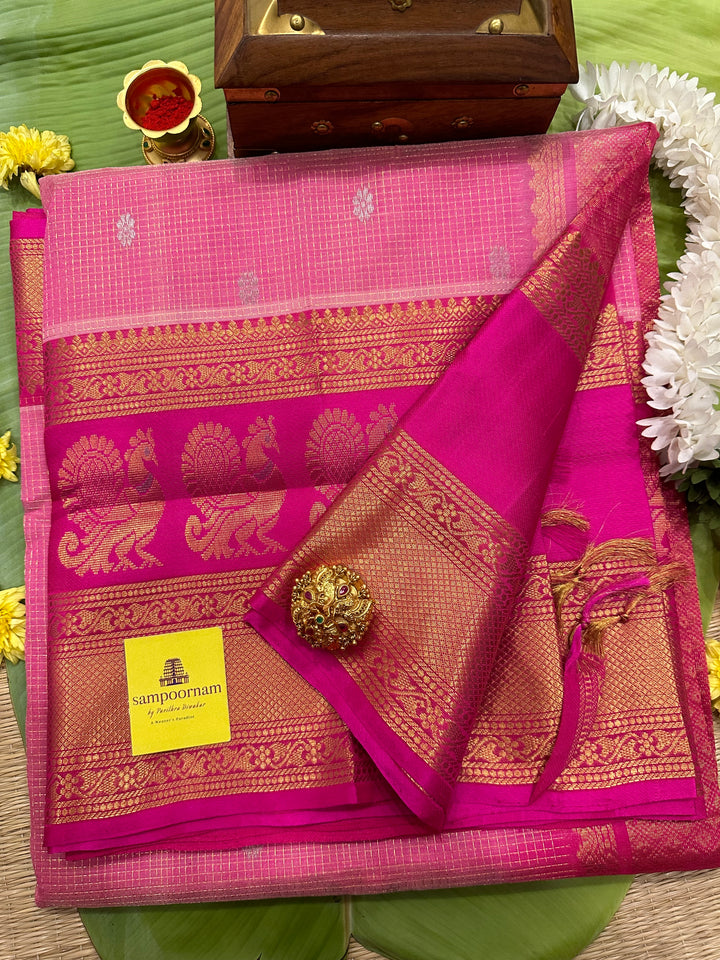 Light Pink with Dark Pink Podi Kattam with Body butta, Peacock Motif in the Border - Rich Pallu Korvai Silk Cotton Saree