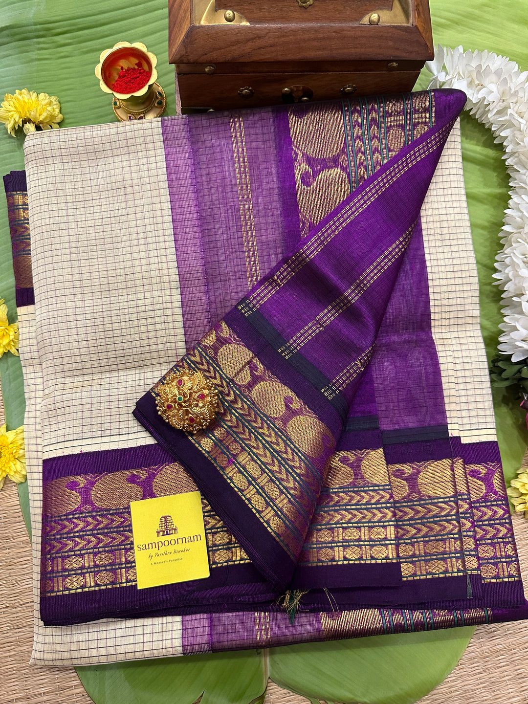 Offwhite with Purple Body Podi Kattam, Rich Pallu Korvai Silk Cotton Saree