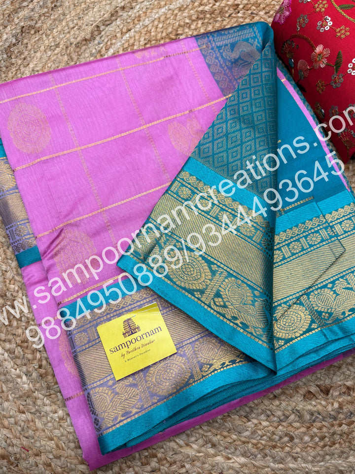 Baby Pink with Turquoise blue, Rich Mayil and Chakram butta in the body with Zari Checks, traditional borders and Rich Pallu , Pure Silk Cotton Saree