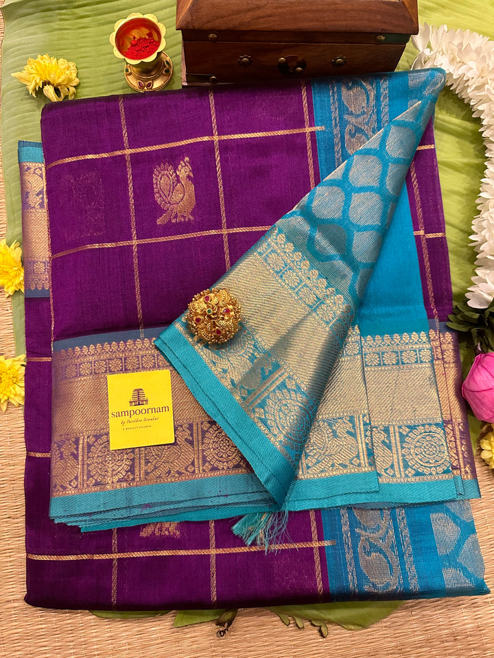 Purple with Blue Mayil Chakram Silk Cotton Saree