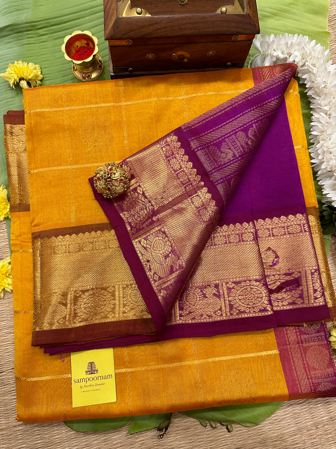 Manjal with Purple Mayil Chakram Silk Cotton Saree