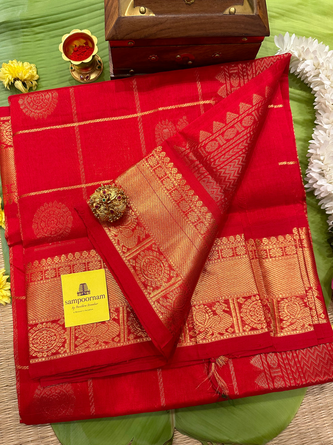 Chilli Red Mayil Chakram Silk Cotton Saree