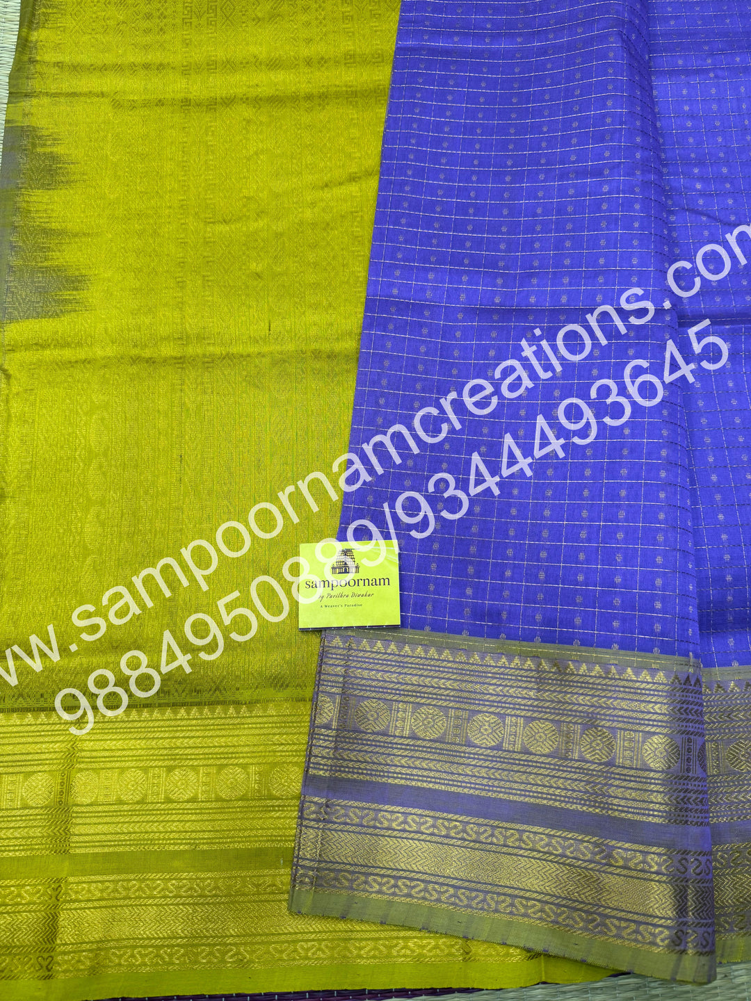Lilac with Lemon Yellow , Rich Traditional Borders and Lakshadeepam Zari Butta all over the body and Grand Pallu , Pure Silk Cotton Saree