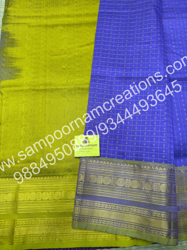 Lilac with Lemon Yellow , Rich Traditional Borders and Lakshadeepam Zari Butta all over the body and Grand Pallu , Pure Silk Cotton Saree
