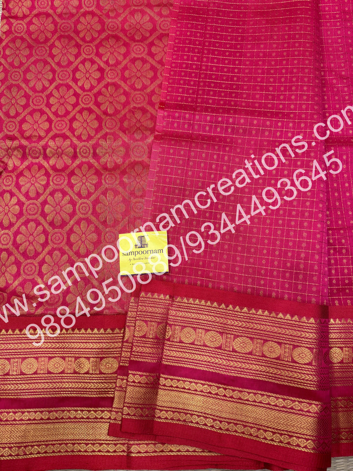 Dark Pink Kanakambaram , Rich Traditional Borders and Lakshadeepam Zari Butta all over the body and Grand Pallu , Pure Silk Cotton Saree