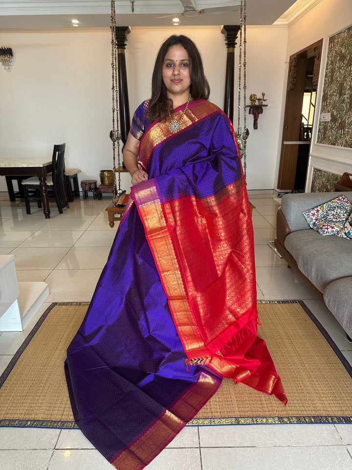 Blue with Red Lakshadeepam Silk Cotton Saree