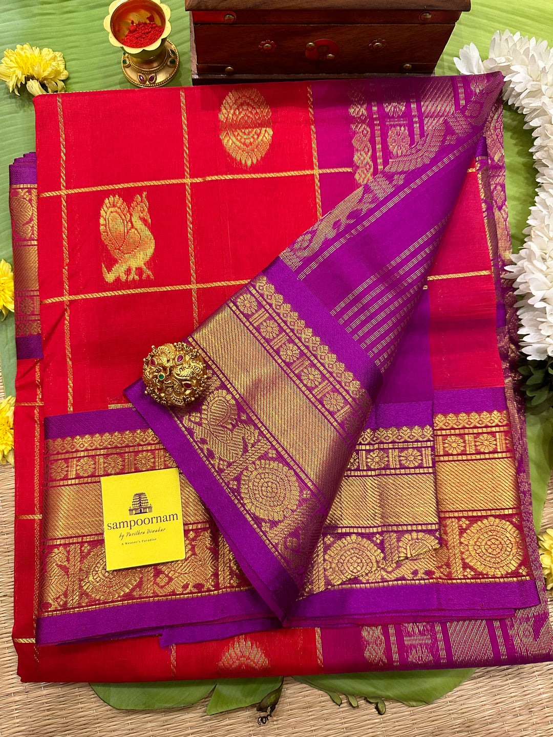 Red with Purple Mayil Chakram Silk Cotton Saree