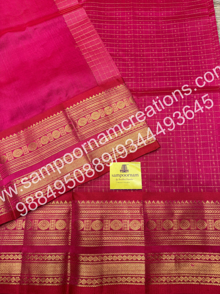 Dark Pink Kanakambaram , Rich Traditional Borders and Lakshadeepam Zari Butta all over the body and Grand Pallu , Pure Silk Cotton Saree