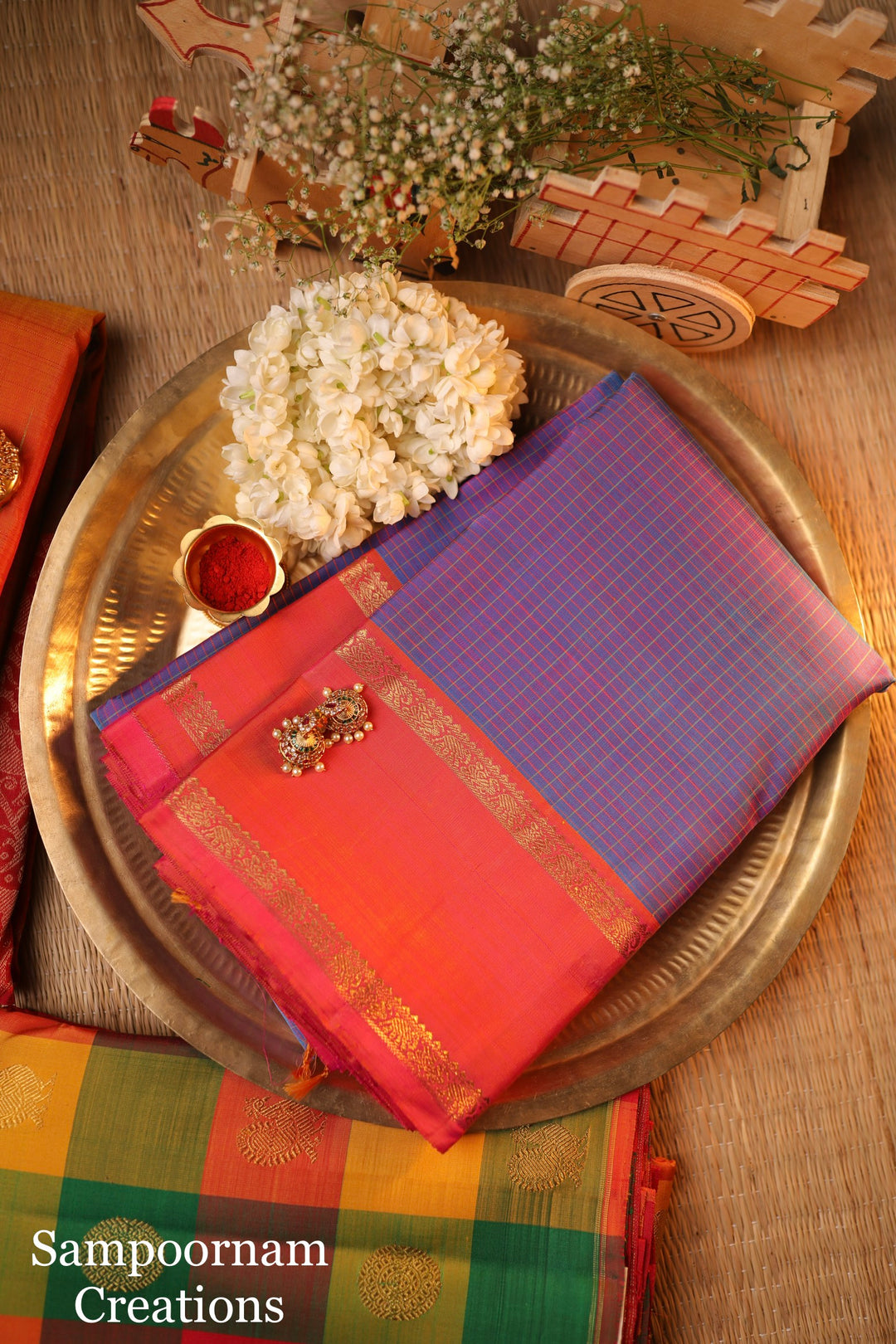 A Traditional Lavender with Pinkish Orange Body Checks Rettapet Kanjivaram Silk Saree with Kalakshetra Kili Pallu