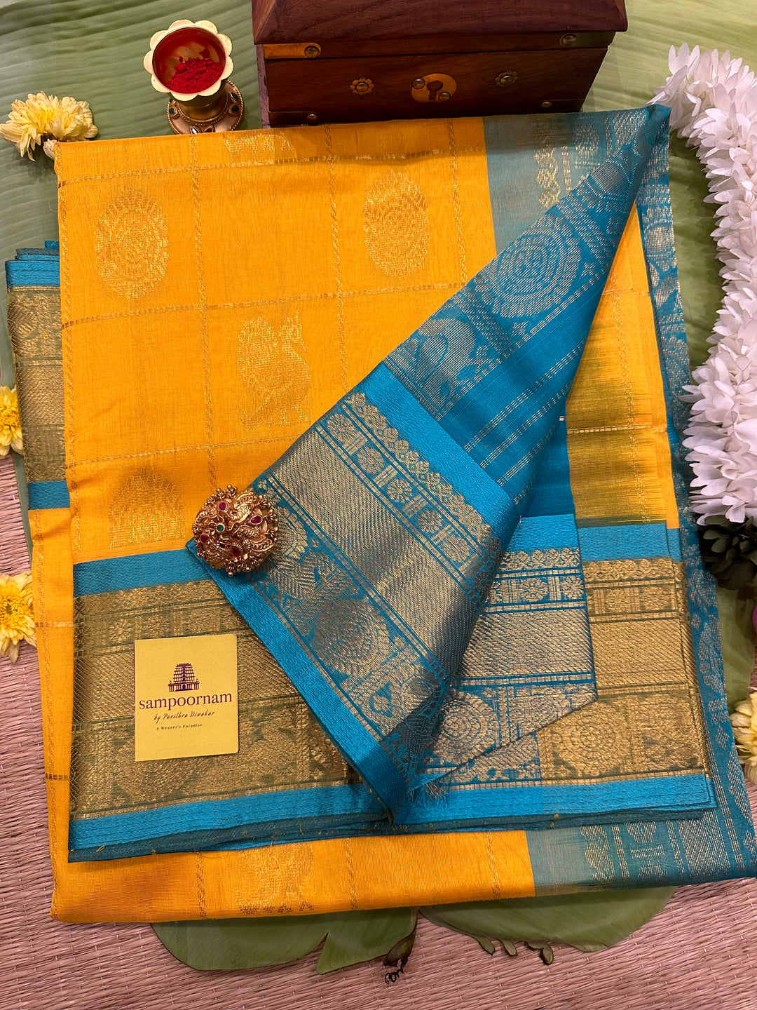 Yellow with Turquoise Blue Mayil Chakram Silk Cotton Saree