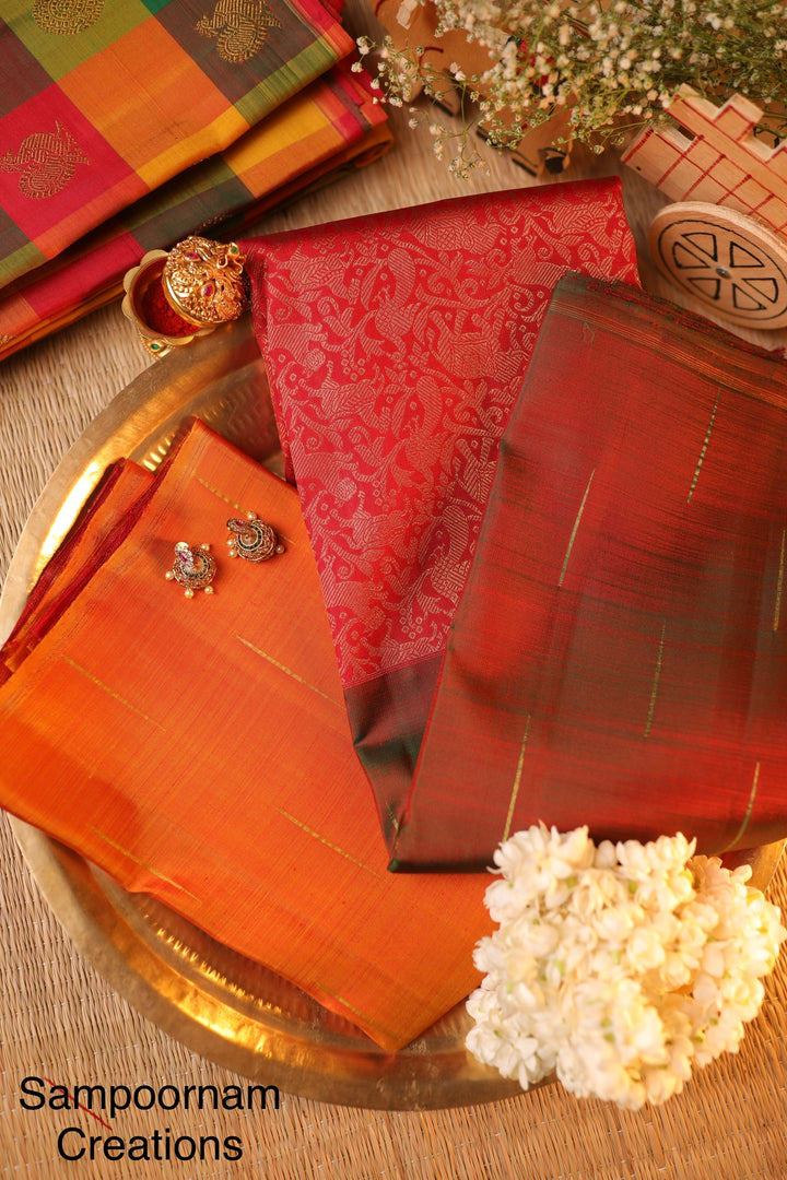 Mubbagam Vanasingaram Red, Manthulir and Manjal  Pure Silk And Pure Zari Handwoven Pure Silk Saree