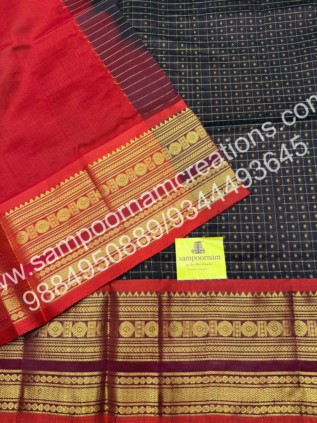 Brown with Red , Rich Traditional Borders and Lakshadeepam Zari Butta all over the body and Grand Pallu , Pure Silk Cotton Saree