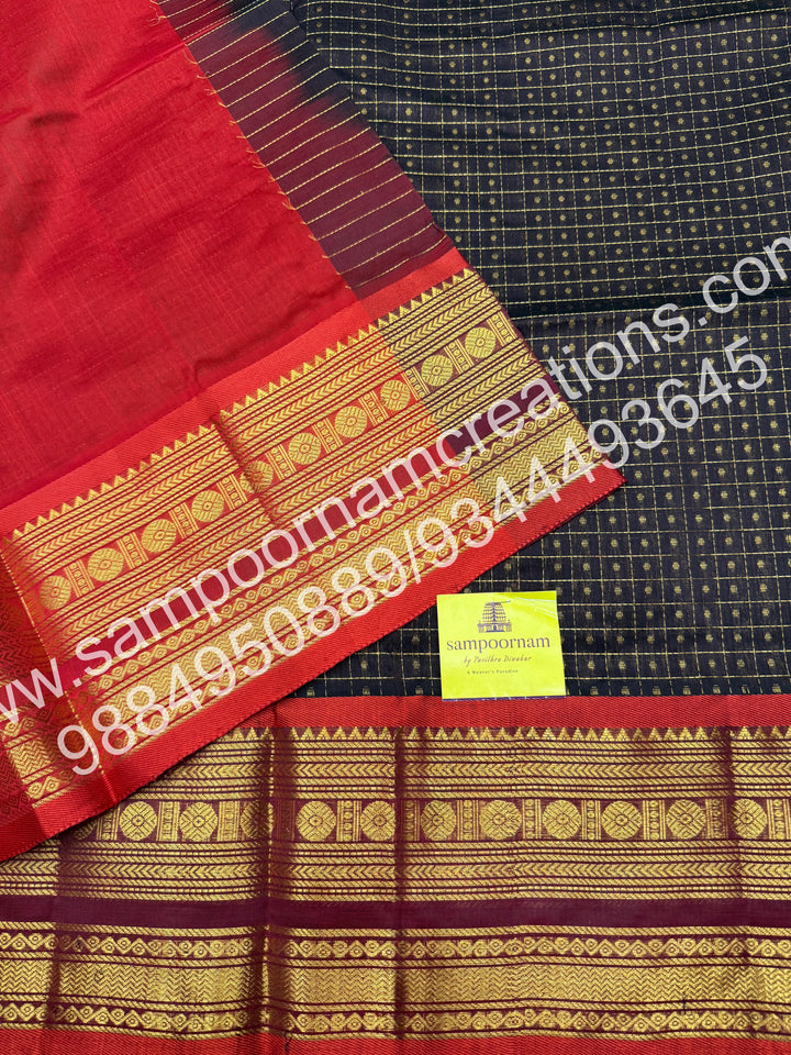 Brown with Red , Rich Traditional Borders and Lakshadeepam Zari Butta all over the body and Grand Pallu , Pure Silk Cotton Saree