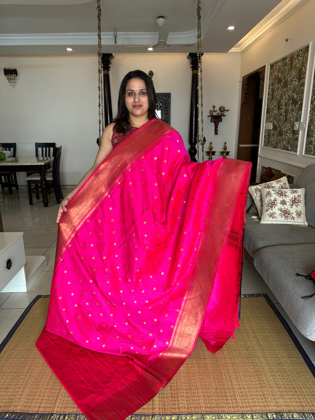 Rani Pink Big Muniya Border, Zari Minakari Pallu Design, Heavy Meena Zari Pallu