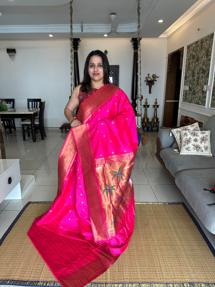 Rani Pink Big Muniya Border, Zari Minakari Pallu Design, Heavy Meena Zari Pallu