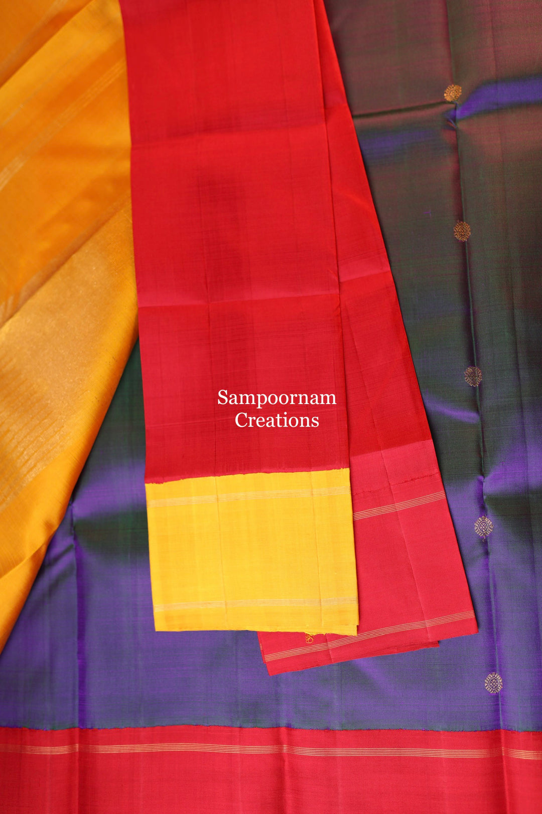 A Must Have Two Pallu Concept Ganga Jamuna Red/Yellow ,Mayil Kazhuthu Colour with Chakram Butta Traditional Kanjivaram Pure Silk Saree