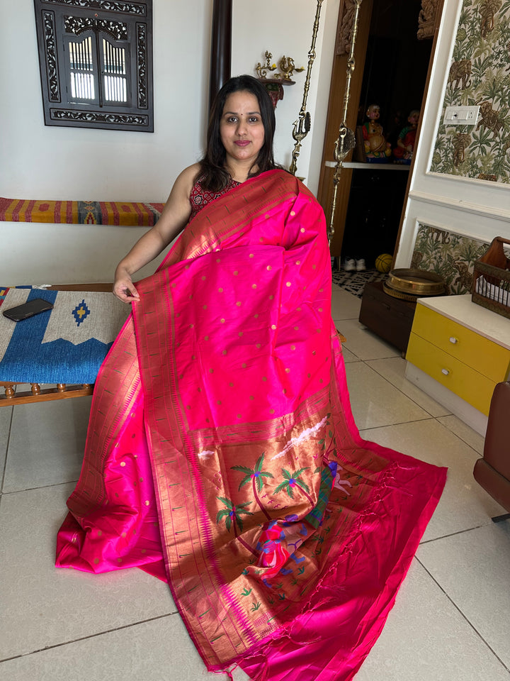 Rani Pink Big Muniya Border, Zari Minakari Pallu Design, Heavy Meena Zari Pallu