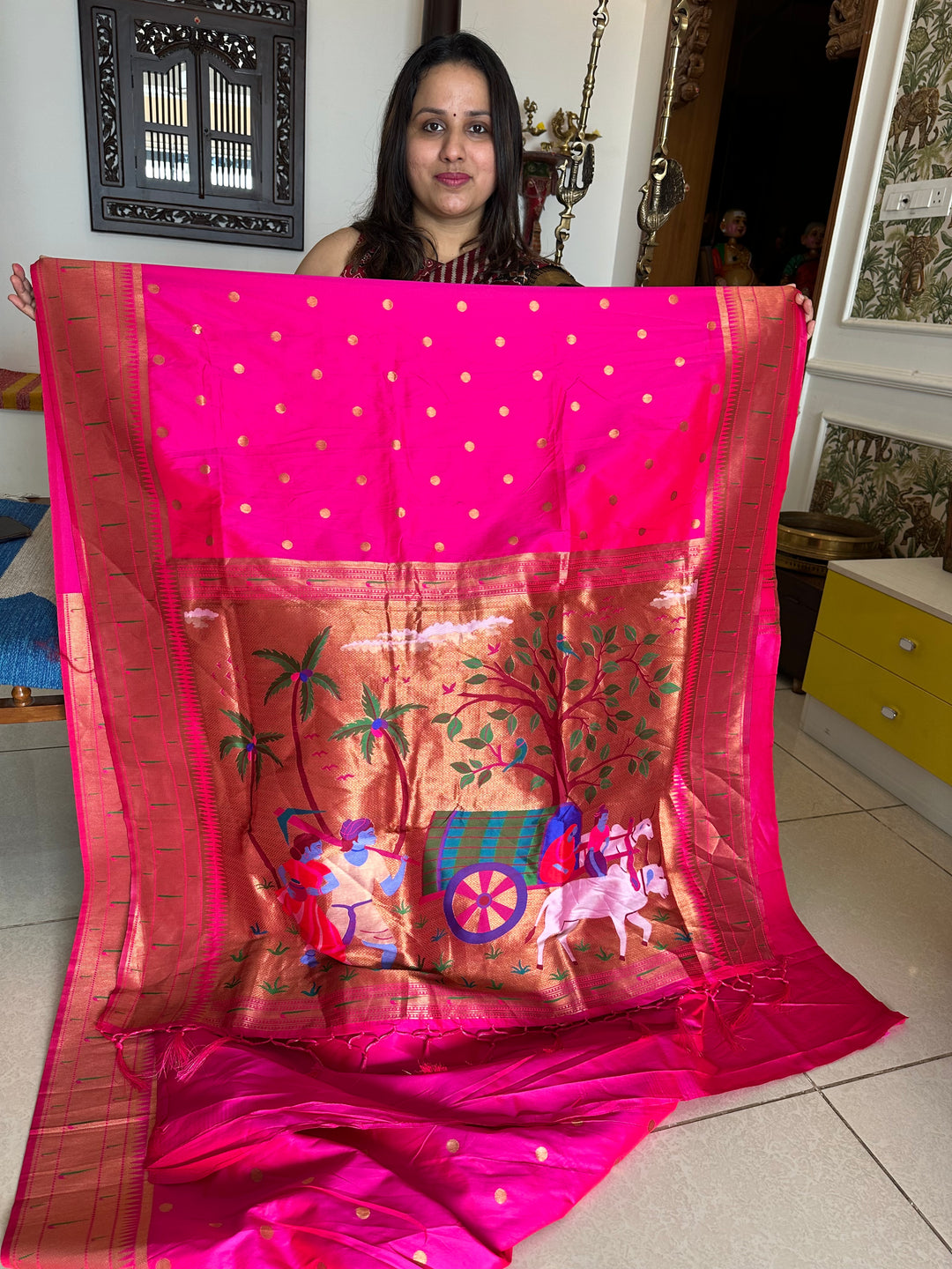 Rani Pink Big Muniya Border, Zari Minakari Pallu Design, Heavy Meena Zari Pallu