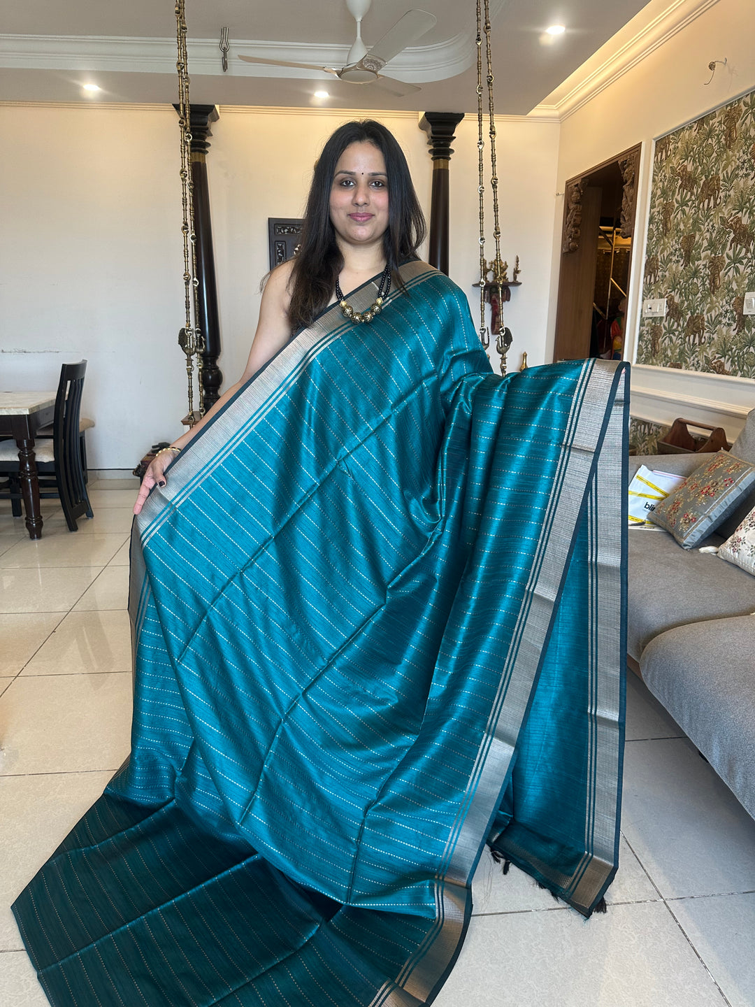Greenish Blue with Vertical Lines Semi Raw Silk