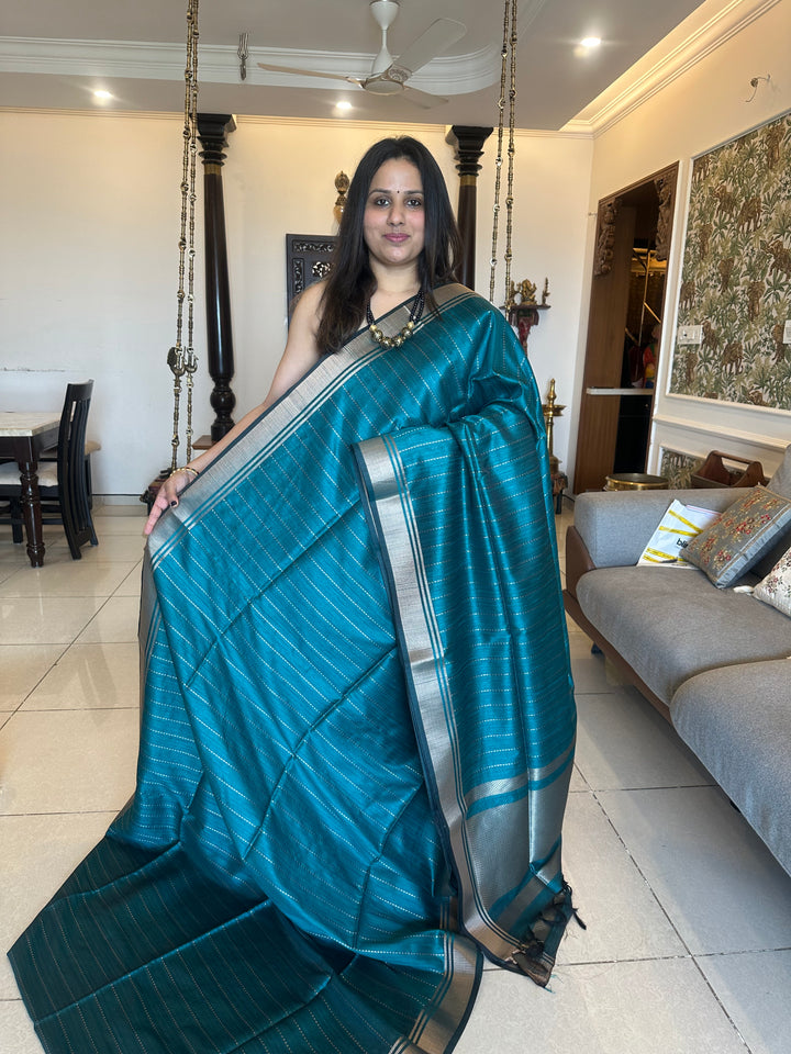 Greenish Blue with Vertical Lines Semi Raw Silk
