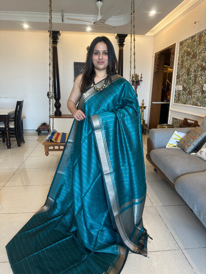 Greenish Blue with Vertical Lines Semi Raw Silk