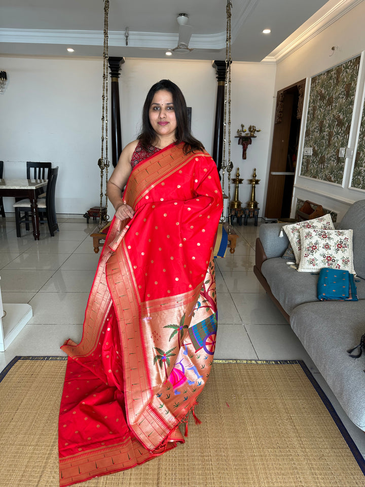 Semi Paithani Red with Body Butta Zari Brocade with Minakari Border and Heavy Minakari Zari Pallu