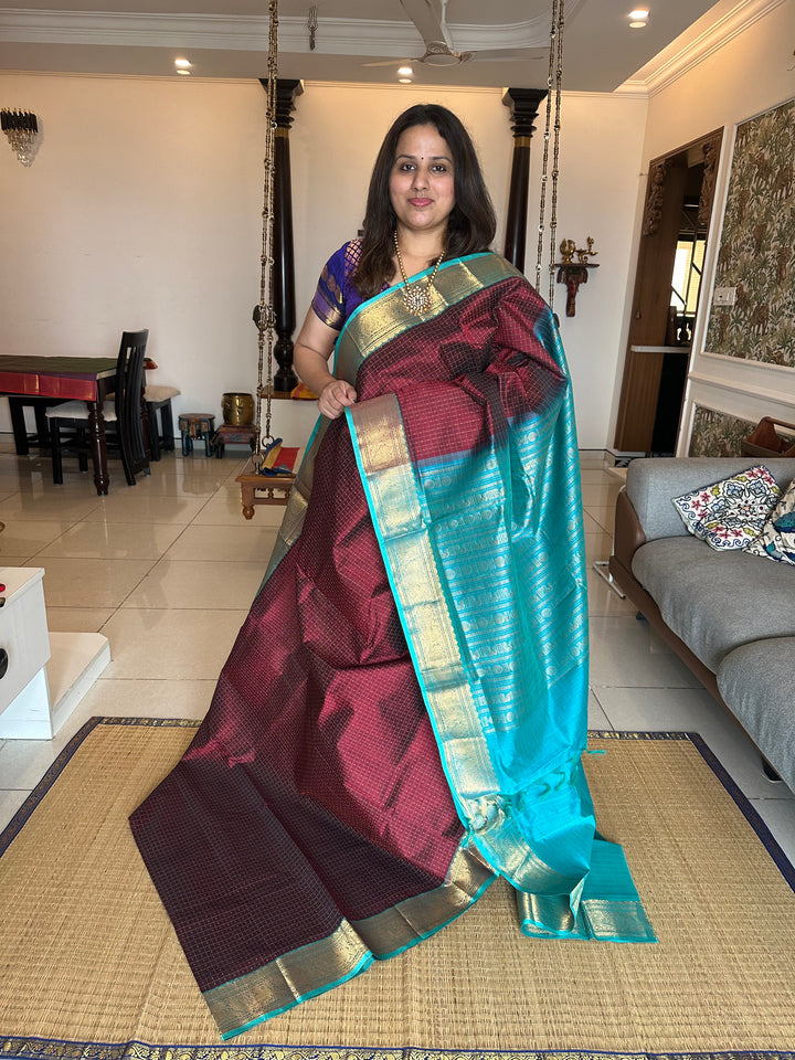 Maroon with Blue Lakshadeepam Silk Cotton Saree