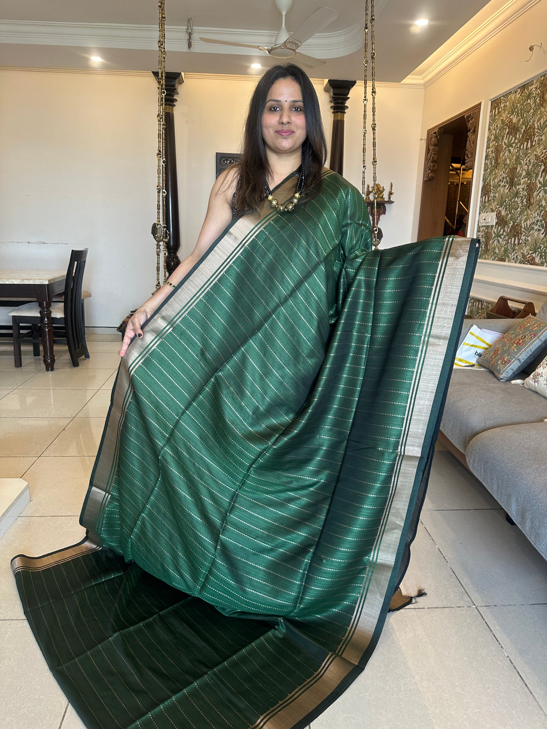Green with Vertical Lines Semi Raw Silk